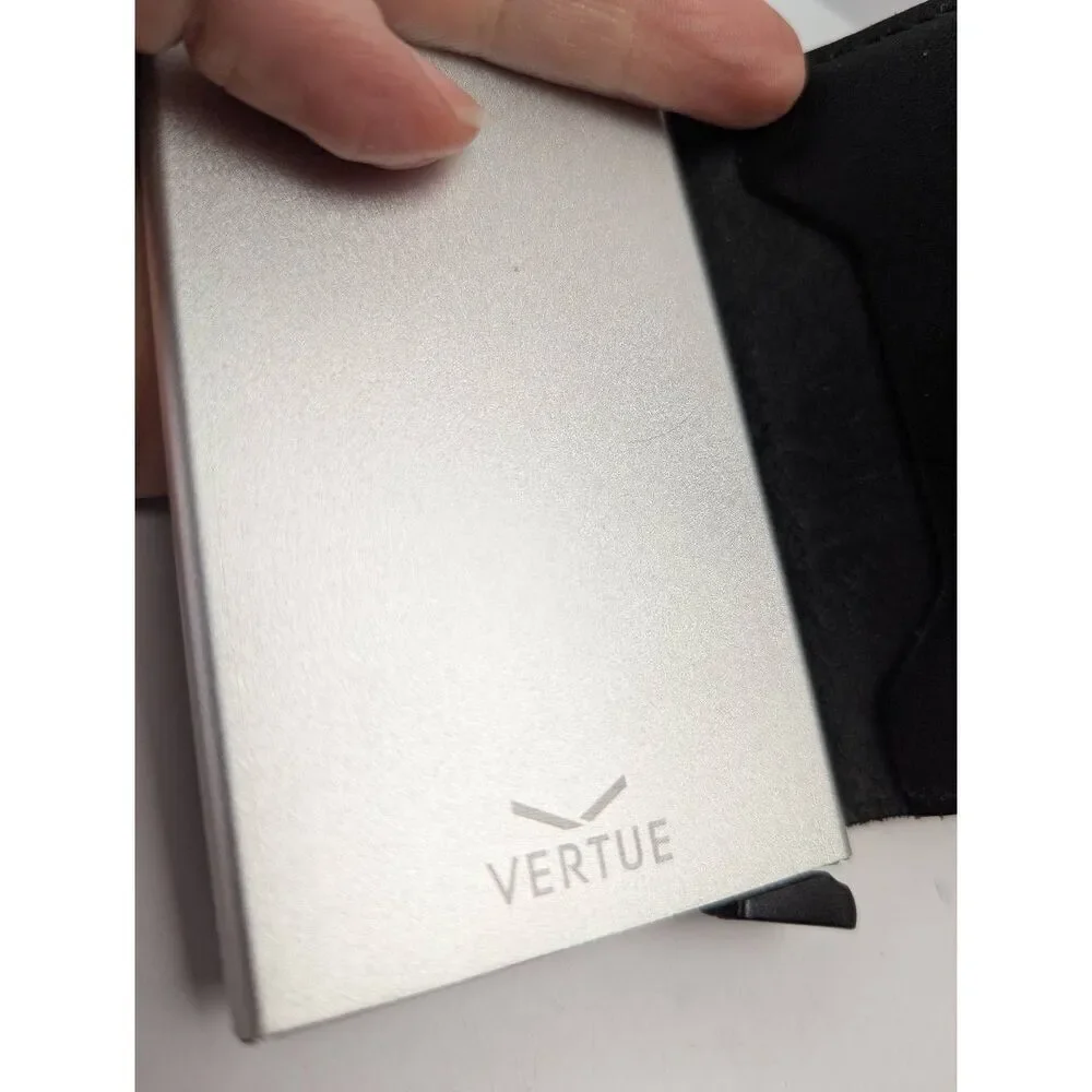 Vertue black & silver popup card button wallet with leather outer case